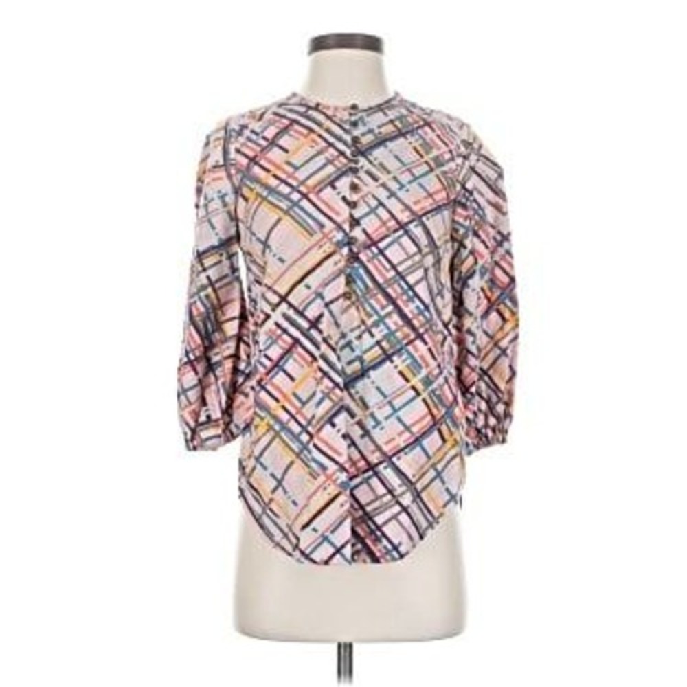 Maeve Anthropologie Womens Pink Plaid Cotton 3/4 Sleeve Blouse,‎ S, Cottage